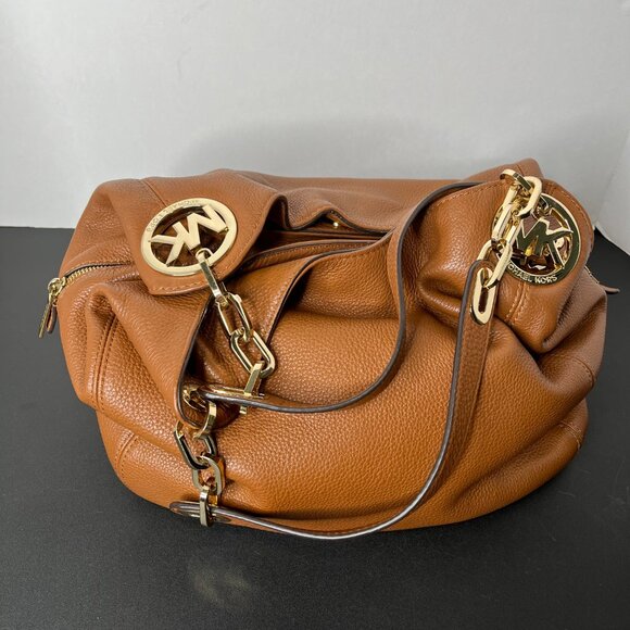 MICHAEL KORS Fulton Brown Pebbled Leather Shoulder Bag Gold Chain Hardware EUC - Picture 14 of 16